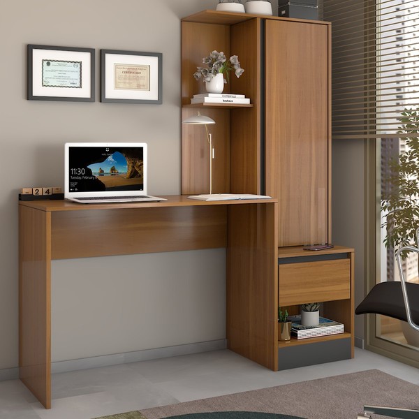 Mesa Escrivaninha Alune com Estante 1 Porta 1 Gaveta Freijó/Grafite - Panorama Móveis