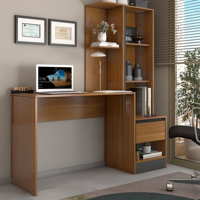 Mesa Escrivaninha Alune com Estante 1 Porta 1 Gaveta Freijó/Grafite - Panorama Móveis