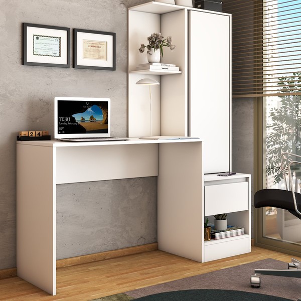 Mesa Escrivaninha Alune com Estante 1 Porta 1 Gaveta Branco - Panorama Móveis