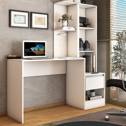 Mesa Escrivaninha Alune com Estante 1 Porta 1 Gaveta Branco - Panorama Móveis