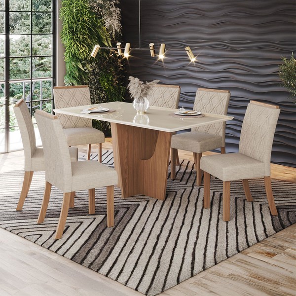 Mesa de Jantar 6 Lugares Vértice/Vita com Vidro Nature/Off White/Linho - Henn