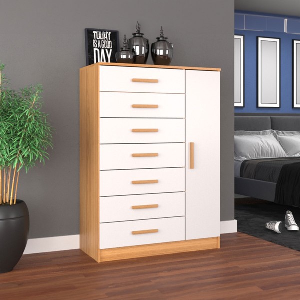 Cômoda New Mônaco 1 Porta 7 Gavetas Branco/Cinnamomo - Evidência Móveis