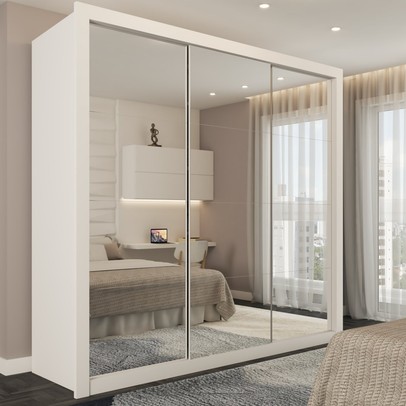 Guarda-Roupa Casal Luiza 3 Portas de Correr 4 Gavetas Espelhado Branco - Brv