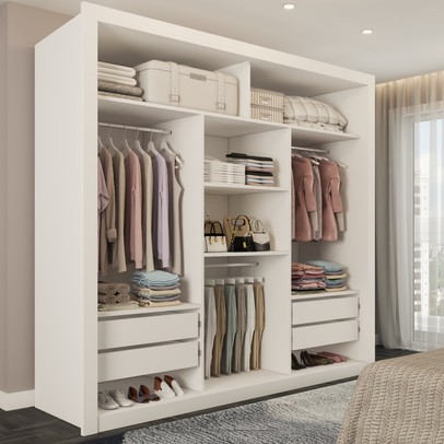 Guarda-Roupa Casal Luiza 3 Portas de Correr 4 Gavetas Espelhado Branco - Brv