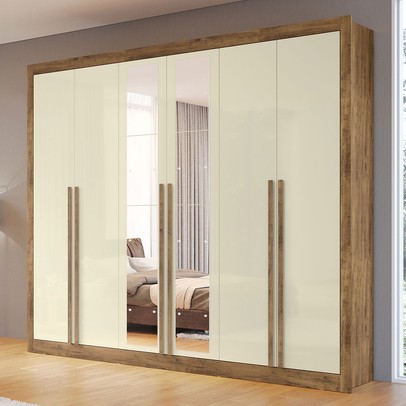 Guarda-Roupa Casal Cannes 6 Portas 6 Gavetas com Espelho Ipê/Off White - Maxel