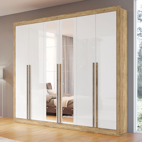 Guarda-Roupa Casal Cannes 6 Portas 6 Gavetas com Espelho Capuccino/Branco - Maxel