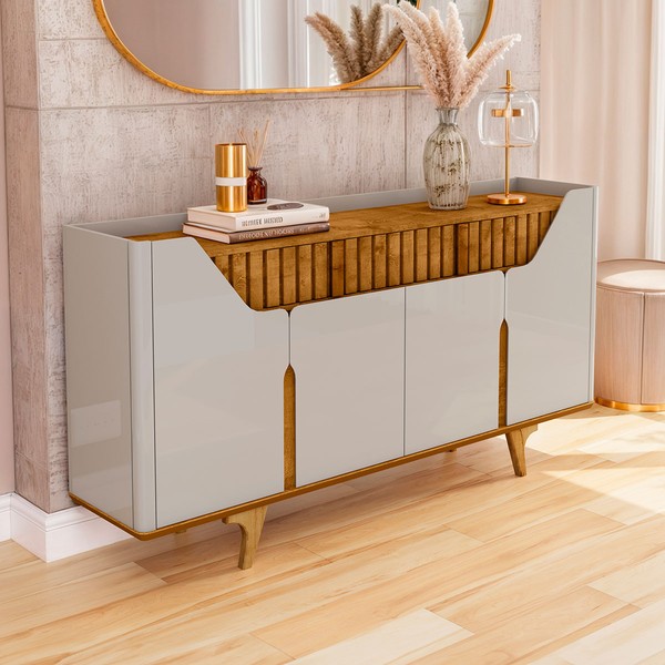 Balcão Buffet Danubio 4 Portas 2 Gavetas Ripado Off White/Naturalle - Móveis Bechara