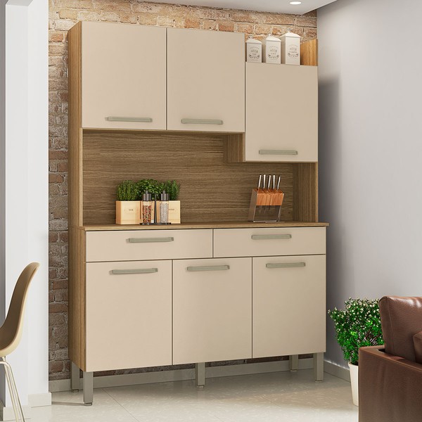 Armário de Cozinha Modena 6 Portas 2 Gavetas Freijó/Vanilla - Kits Paraná