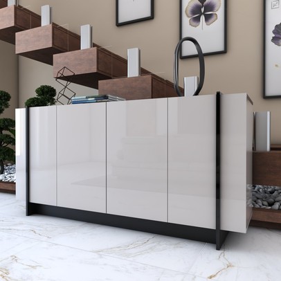 Balcão Buffet Balneário Camboriú 4 Portas 2 Prateleiras Off White/Preto - Panorama Móveis