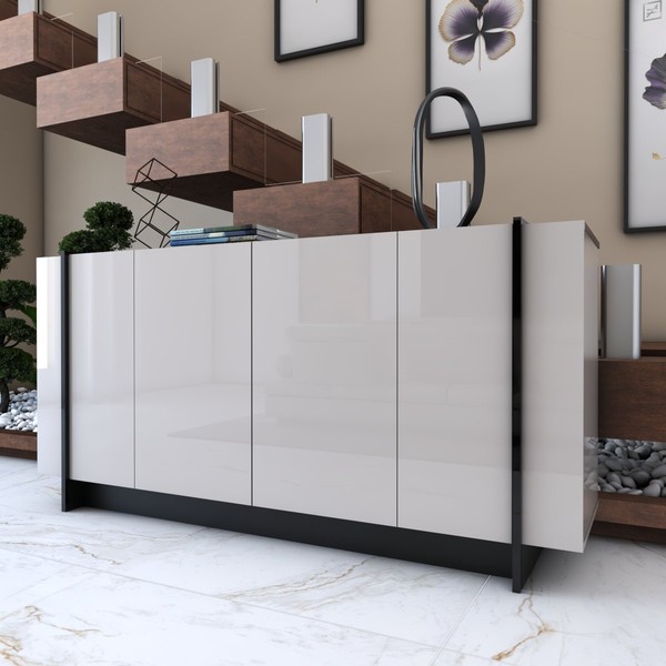 Balcão Buffet Balneário Camboriú 4 Portas 2 Prateleiras Off White/Preto - Panorama Móveis