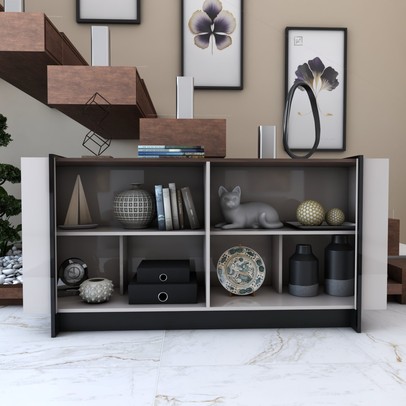 Balcão Buffet Balneário Camboriú 4 Portas 2 Prateleiras Off White/Preto - Panorama Móveis