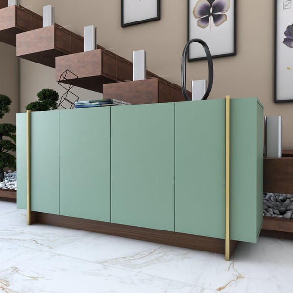 Balcão Buffet Balneário Camboriú 4 Portas 2 Prateleiras Hortelã/Dourado - Panorama Móveis