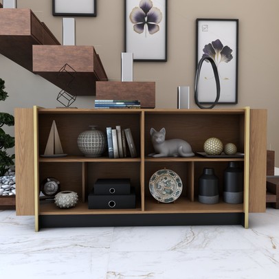 Balcão Buffet Balneário Camboriú 4 Portas 2 Prateleiras Freijó/Dourado - Panorama Móveis