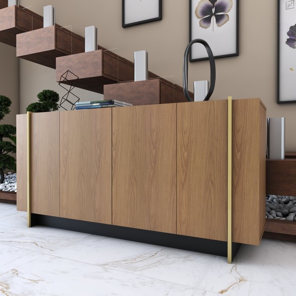 Balcão Buffet Balneário Camboriú 4 Portas 2 Prateleiras Freijó/Dourado - Panorama Móveis