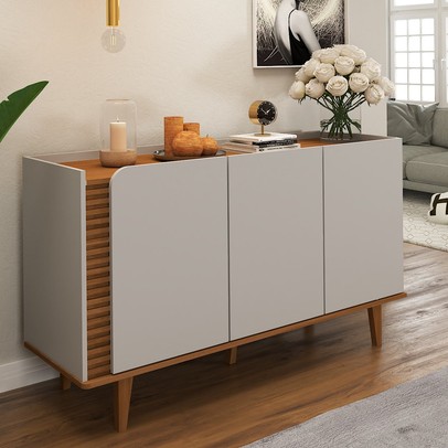 Balcão Buffet Elegance Ripado 3 Portas Cinamomo/Off White - Panorama Móveis