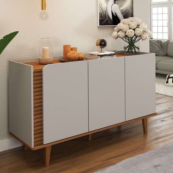 Balcão Buffet Elegance Ripado 3 Portas Cinamomo/Off White - Panorama Móveis