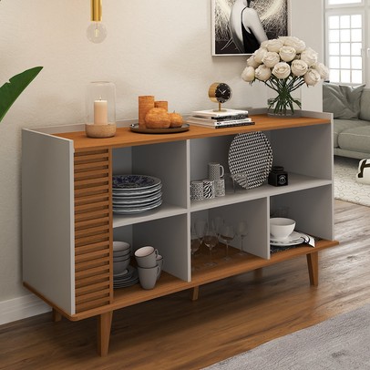 Balcão Buffet Elegance Ripado 3 Portas Cinamomo/Off White - Panorama Móveis