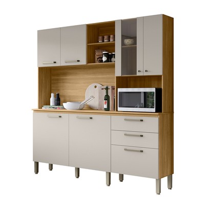 Cozinha Compacta Mega 7 Portas 2 Gavetas com Vidro Freijó/Soft - Kits Paraná