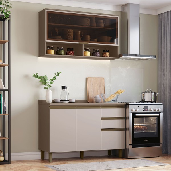 Cozinha Compacta Connect 4 Portas 2 Gavetas com Vidro 100% Mdf Ce800 Duna/Cristal - Henn