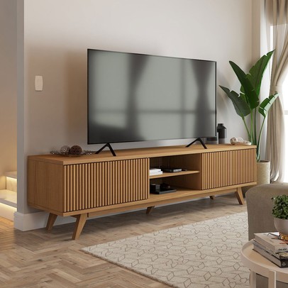 Rack para TV Até 75 Polegadas Silver 4 Portas 1 Prateleira Ripado Cinamomo - Panorama Móveis