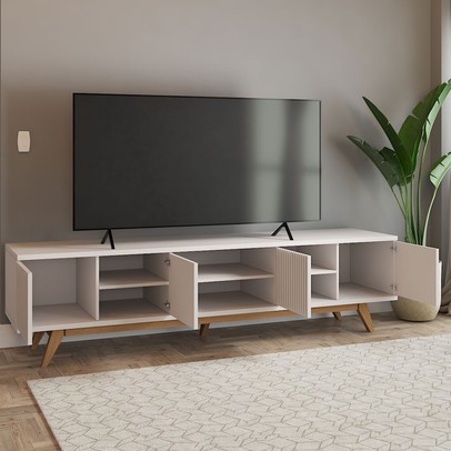 Rack para TV Até 75 Polegadas Silver 4 Portas 1 Prateleira Ripado Cinamomo/Off White - Panorama Móveis