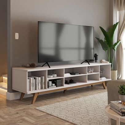 Rack para TV Até 75 Polegadas Silver 4 Portas 1 Prateleira Ripado Cinamomo/Off White - Panorama Móveis