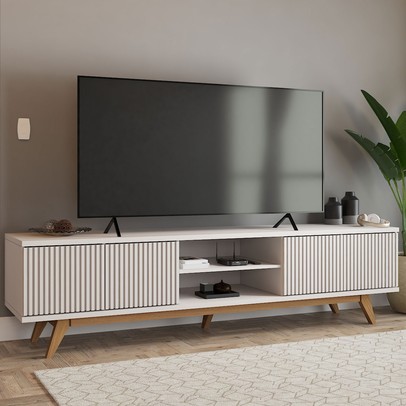 Rack para TV Até 75 Polegadas Silver 4 Portas 1 Prateleira Ripado Cinamomo/Off White - Panorama Móveis