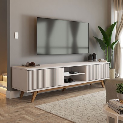 Rack para TV Até 75 Polegadas Silver 4 Portas 1 Prateleira Ripado Cinamomo/Off White - Panorama Móveis