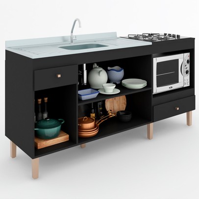 Armário de Cozinha Compacta para Pia 3 Portas 2 Gavetas Espaço para Forno e Cooktop Itália Preto - Panorama Móveis