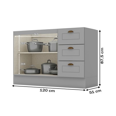 Armário de Cozinha Compacta para Pia 120 Cm Americana 2 Portas 3 Gavetas 100% Mdf Cinza - Pnr Móveis