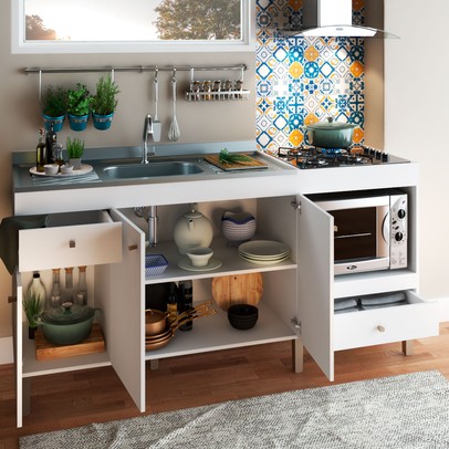 Armário de Cozinha Compacta para Pia 3 Portas 2 Gavetas Espaço para Forno e Cooktop Itália Branco - Panorama Móveis