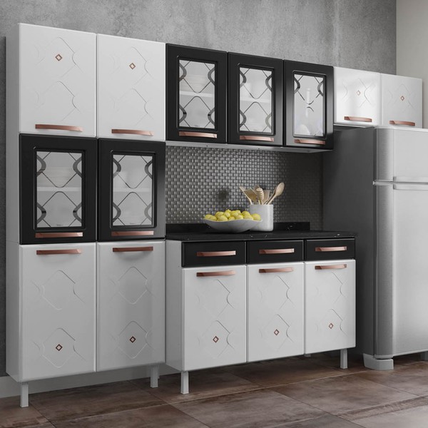 Armário de Cozinha Compacta de Aço Completa Mirage New 14 Portas 3 Gavetas Branco/Preto - Pnr Móveis