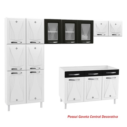 Armário de Cozinha Compacta de Aço Completa Star New 14 Portas 2 Gavetas Branco/Preto - Pnr Móveis