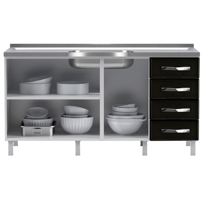 Armário de Cozinha Compacta para Pia em Aço Star New 3 Portas 4 Gavetas Branco/Preto - Pnr Móveis