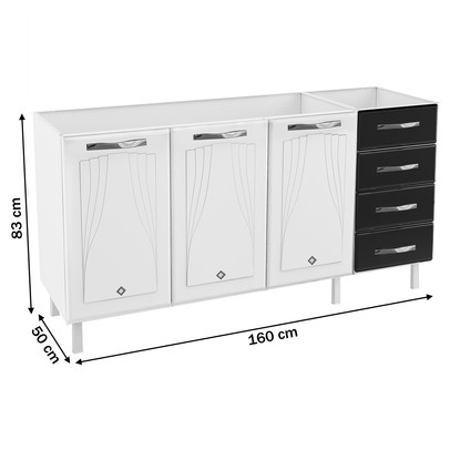 Armário de Cozinha Compacta para Pia em Aço Star New 3 Portas 4 Gavetas Branco/Preto - Pnr Móveis