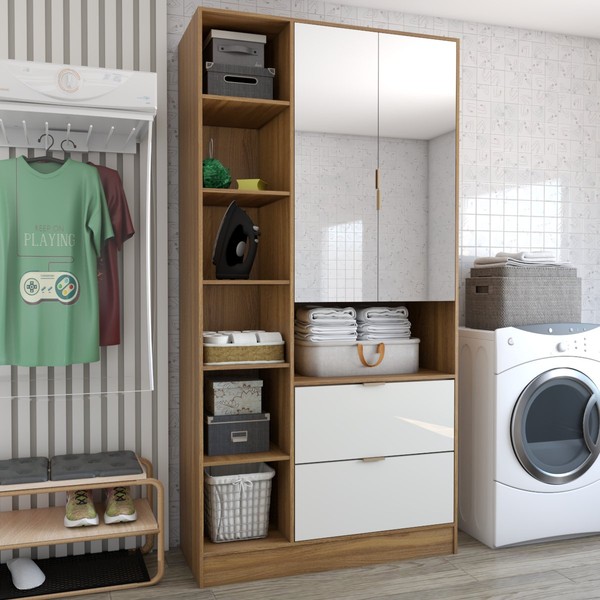 Armário Multiuso Gizé 2 Portas 2 Gavetas com Espelho Cinamomo/Off White - Panorama Móveis