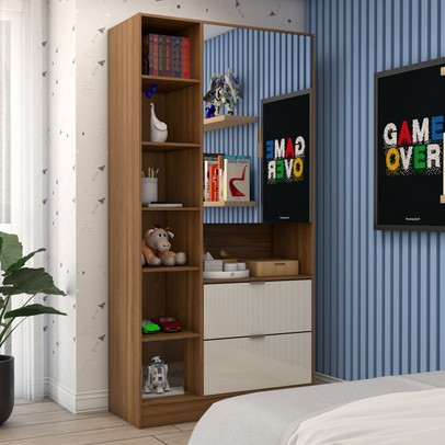 Guarda-Roupa Infantil Play 2 Portas 2 Gavetas com Espelho Cinamomo/Off White - Panorama Móveis