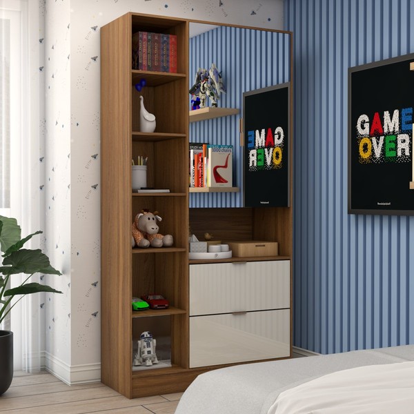 Guarda-Roupa Infantil Play 2 Portas 2 Gavetas com Espelho Cinamomo/Off White - Panorama Móveis