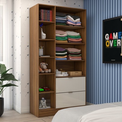 Guarda-Roupa Infantil Play 2 Portas 2 Gavetas com Espelho Cinamomo/Off White - Panorama Móveis