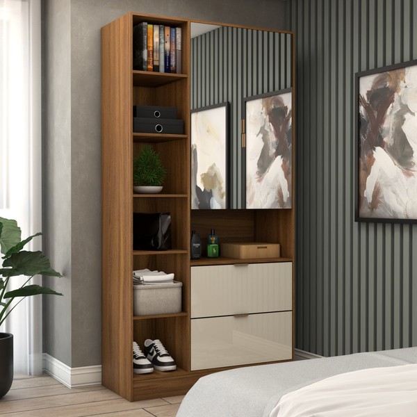 Guarda-Roupa Solteiro Comary 2 Portas 2 Gavetas com Espelho Cinamomo/Off White - Panorama Móveis