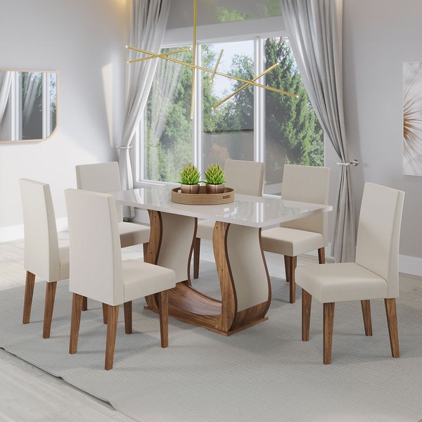 Mesa de Jantar 6 Lugares Americana Imbuia/Off White/Veludo Pastel - Viero Móveis