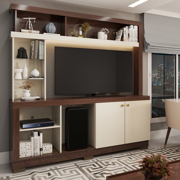 Estante para TV Até 50 Polegadas Malbec 2 Portas Nogueira Real/Off White - Pnr Móveis