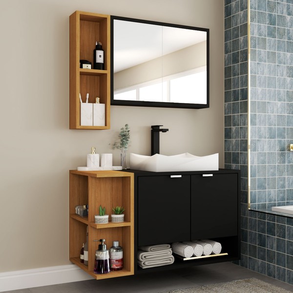 Armário de Banheiro com Cuba Gravatá 4 Portas Preto Fosco/Naturalle - Panorama Móveis