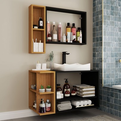 Armário de Banheiro com Cuba Gravatá 4 Portas Preto Fosco/Naturalle - Panorama Móveis