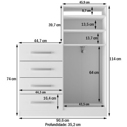 Cômoda Paris 2 Portas 4 Gavetas Branco - Pm