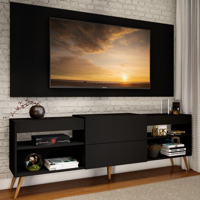 Rack com Painel para TV Até 60 Polegadas Milão 1 Porta 2 Prateleiras Preto - Pm