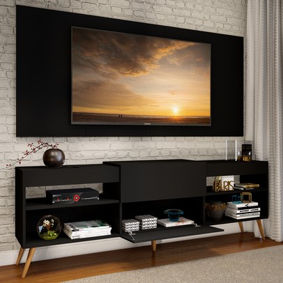 Rack com Painel para TV Até 60 Polegadas Milão 1 Porta 2 Prateleiras Preto - Pm
