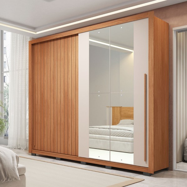 Guarda-Roupa Casal Romanus 2 Portas 4 Gavetas com Espelho Ripado Freijo/Off White - Caemmun