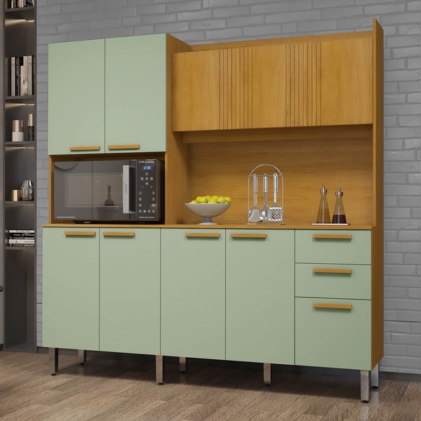 Cozinha Compacta Jean 10 Portas 2 Gavetas Cinamomo/Verde Menta - Chf Móveis