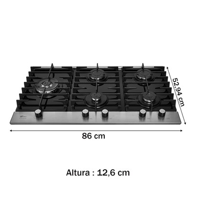 Cooktop 5 Bocas Platinium G Ii A Gás com Vidro Preto - Fischer
